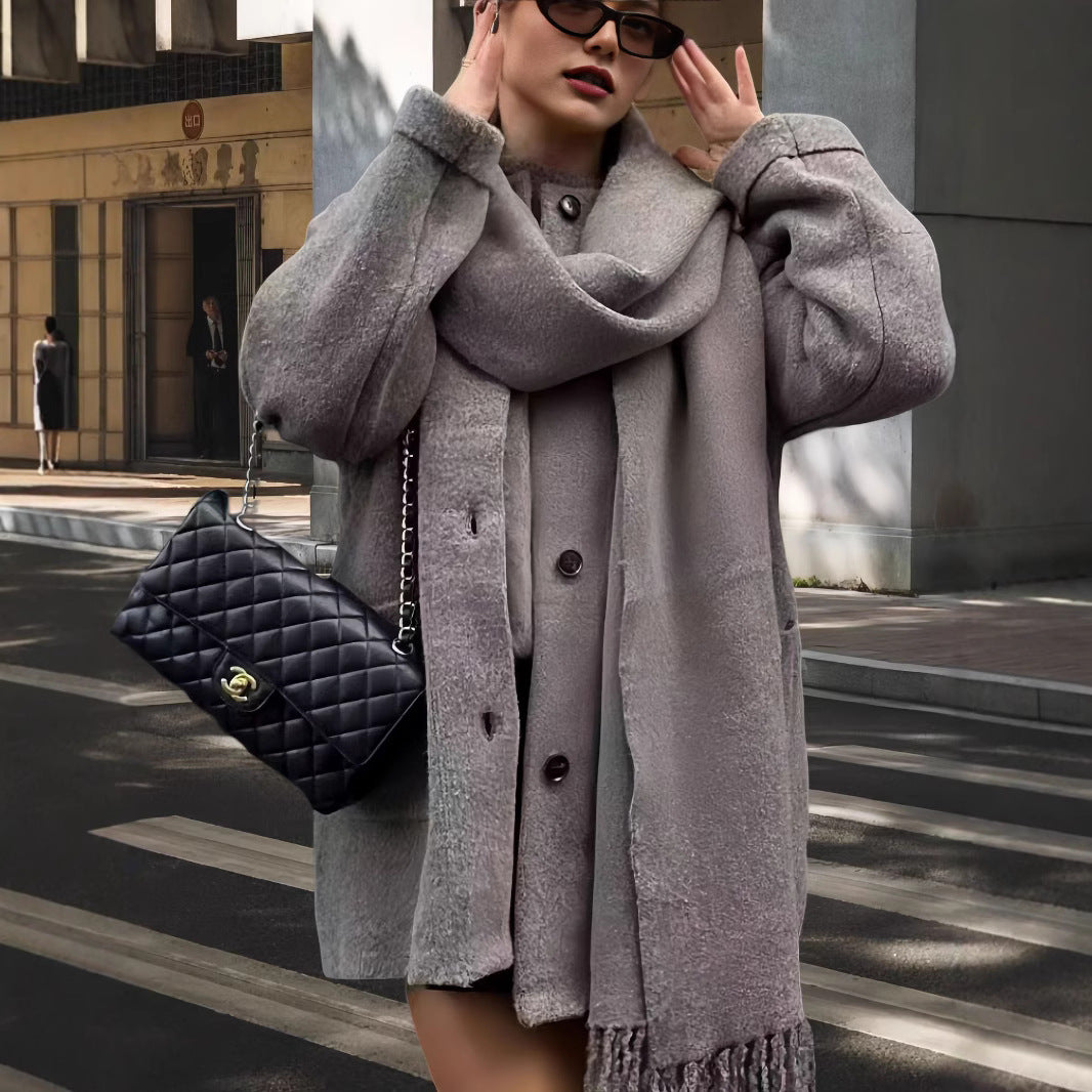 Damen elegante und warme Wickeljacke mit Schalkragen und Fransen R&B
