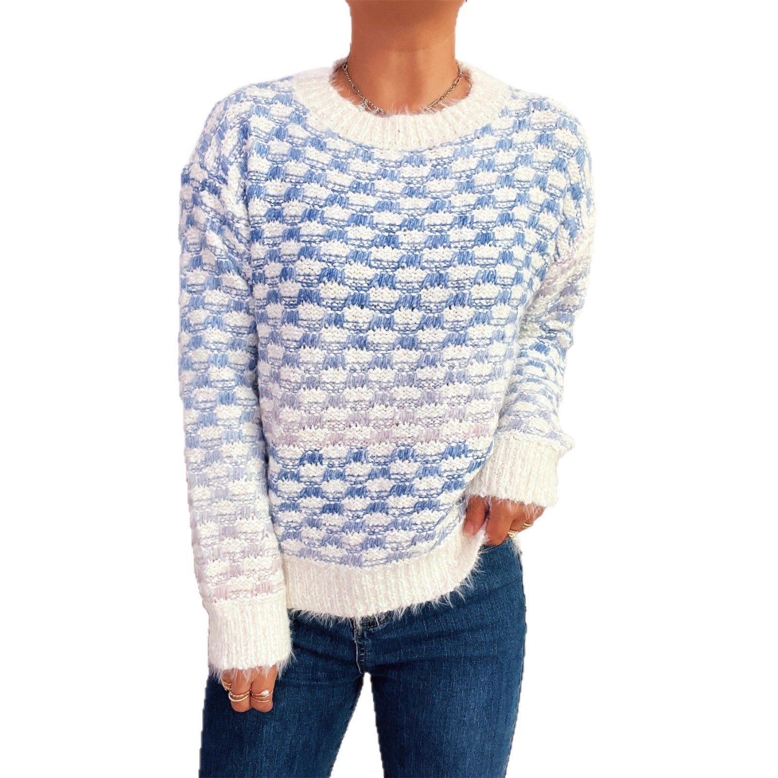 Damen Modischer Strickpullover mit Karo-Muster R&B