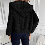 Damen modische Plüschjacke mit Kapuze und gerippten Bündchen R&B