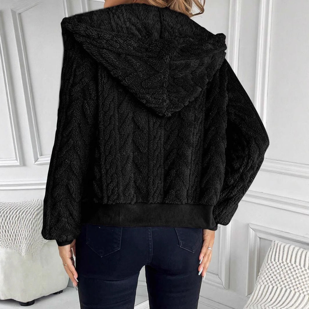 Damen modische Plüschjacke mit Kapuze und gerippten Bündchen R&B
