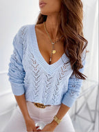 Damen Grobstrickpullover mit elegantem V-Ausschnitt und filigranem Muster R&B