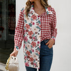 Damen Trendige Karobluse mit floralem Patchwork-Design