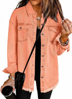 Damen Denim Overshirt mit fransigem Saum und Brusttaschen R&B