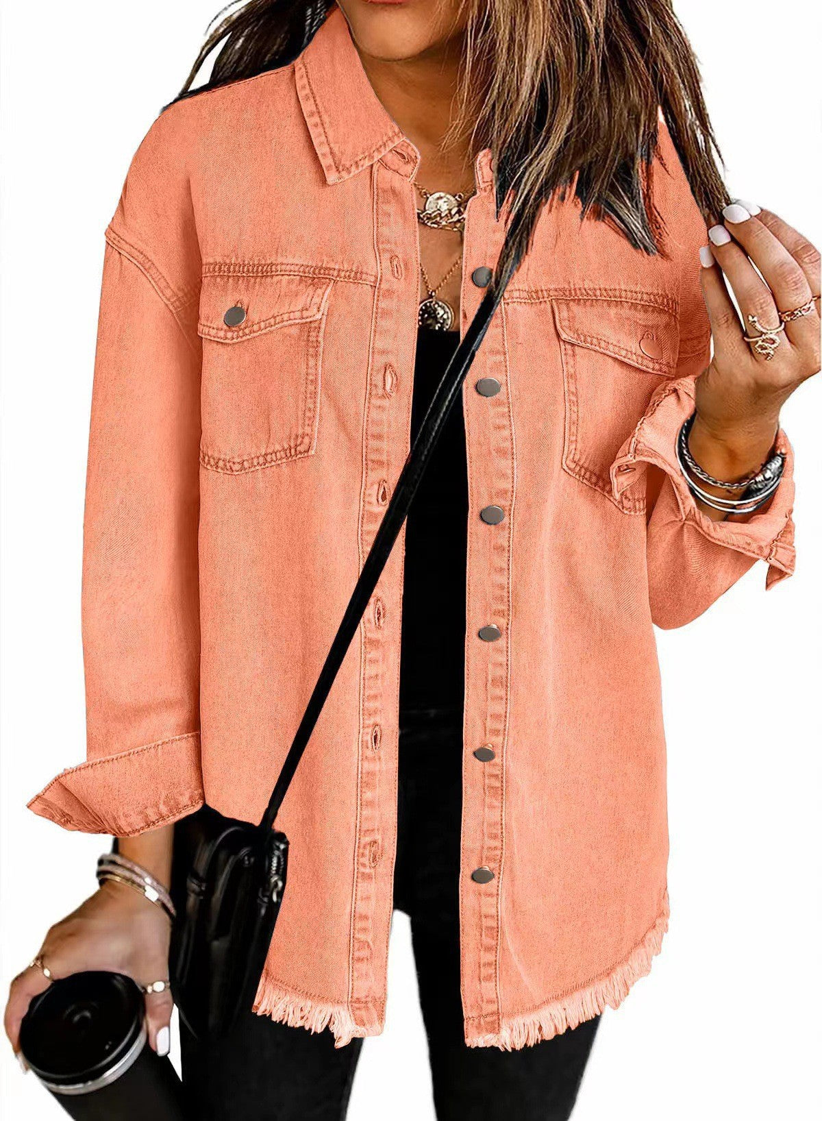 Damen Denim Overshirt mit fransigem Saum und Brusttaschen R&B