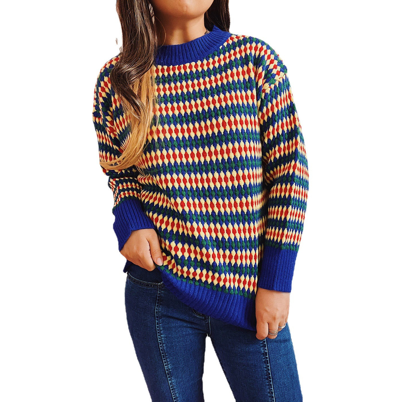 Damen lässiger Strickpullover mit buntem Rautenmuster und Rundhalsausschnitt R&B