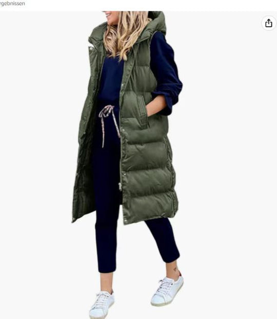 Damen Lange Steppweste mit Kapuze und seitlichen Taschen R&B