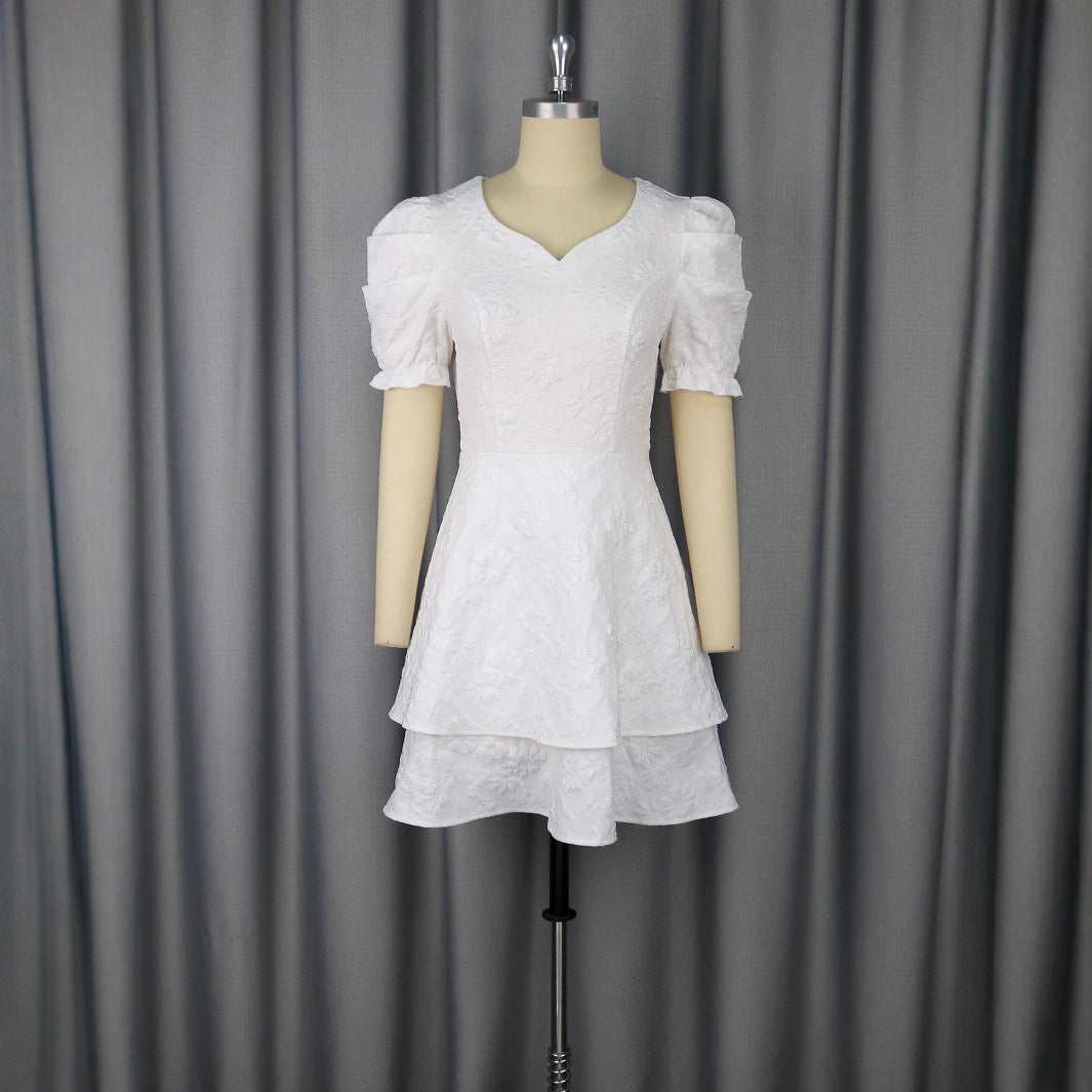 Damen romantisches Kurzarmkleid mit gestuftem Rock R&B