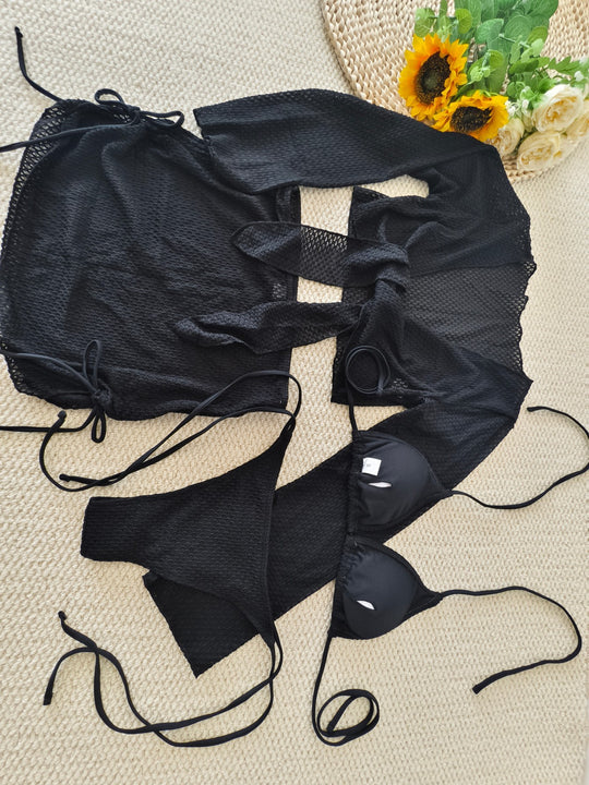 Damen Bikini-Set mit transparentem Wickeloberteil und hoch taillierten Shorts R&B