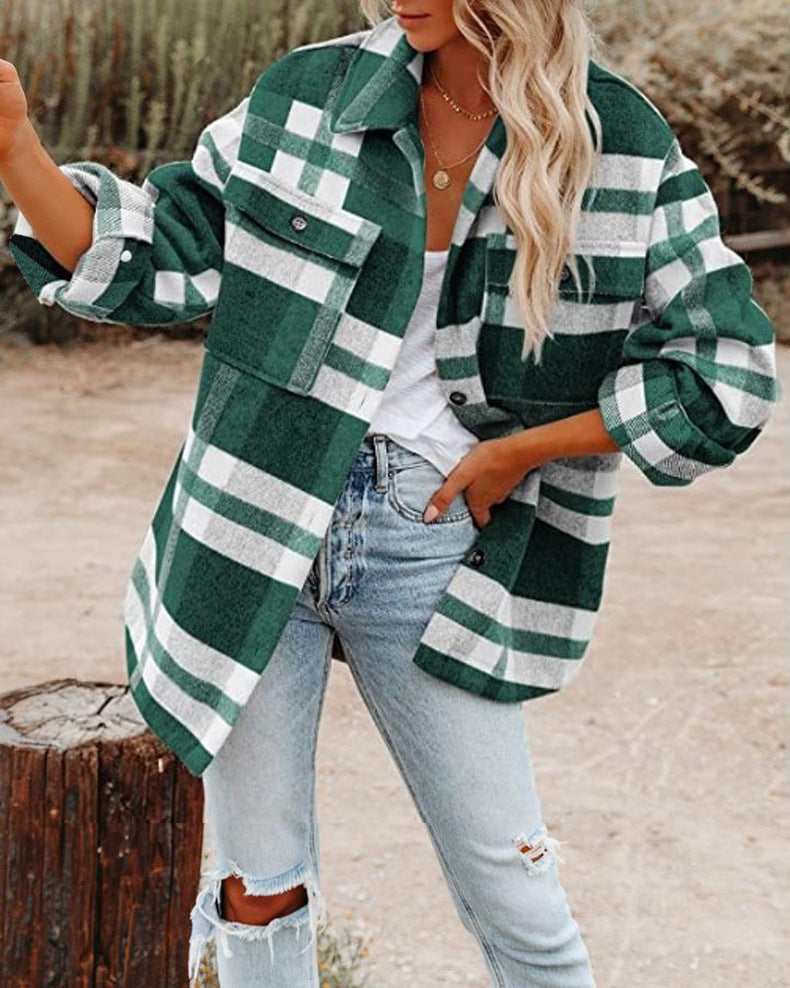 Damen Oversized Hemdjacke mit kariertem Muster und praktischen Taschen R&B