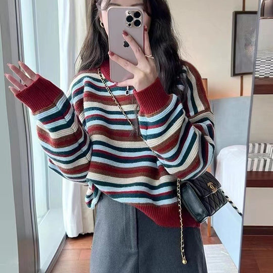 Damen gestreifter Pullover mit weitem Schnitt und modischen Details R&B