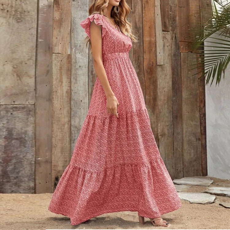 Damen Maxikleid mit zarten Rüschendetails und tieferem V-Ausschnitt R&B