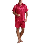 Unisex nan seidig-glänzendes Kurzarm-Pyjama-Set mit Hemdkragen und elastischem Bund R&B