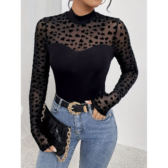 Damen Langarm-Body mit transparenten Herzen und elegantem Stehkragen R&B