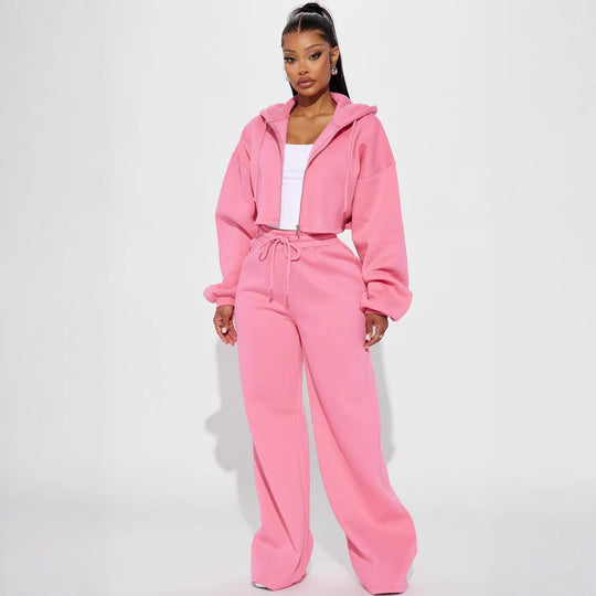 Damen lässiges Fleece-Set mit kurzem Hoodie und weiten Hosen R&B