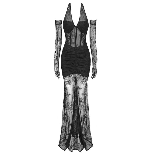 Damen elegantes Spitzenkleid mit langem Ärmel und raffinierten Falten R&B