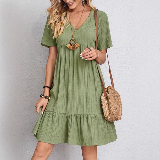 Damen nan Crinkle-Sommerkleid mit V-Ausschnitt, Empirenaht und Volant-Saum R&B