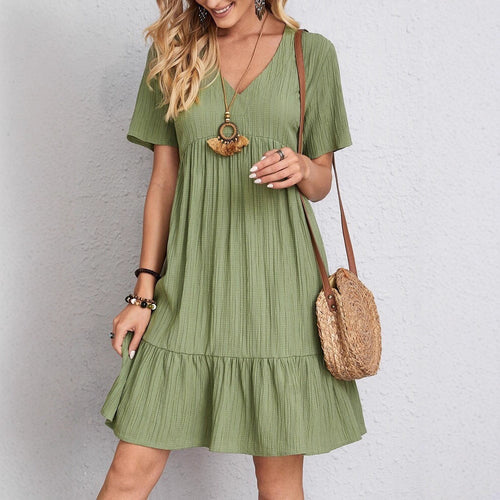 Damen nan Crinkle-Sommerkleid mit V-Ausschnitt, Empirenaht und Volant-Saum R&B