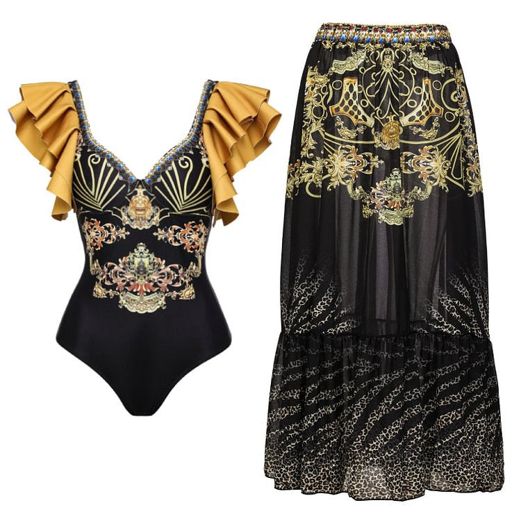 Damen Einteiler Badeanzug mit elegantem Design und passendem Wickeltuch R&B