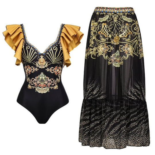 Damen Einteiler Badeanzug mit elegantem Design und passendem Wickeltuch R&B