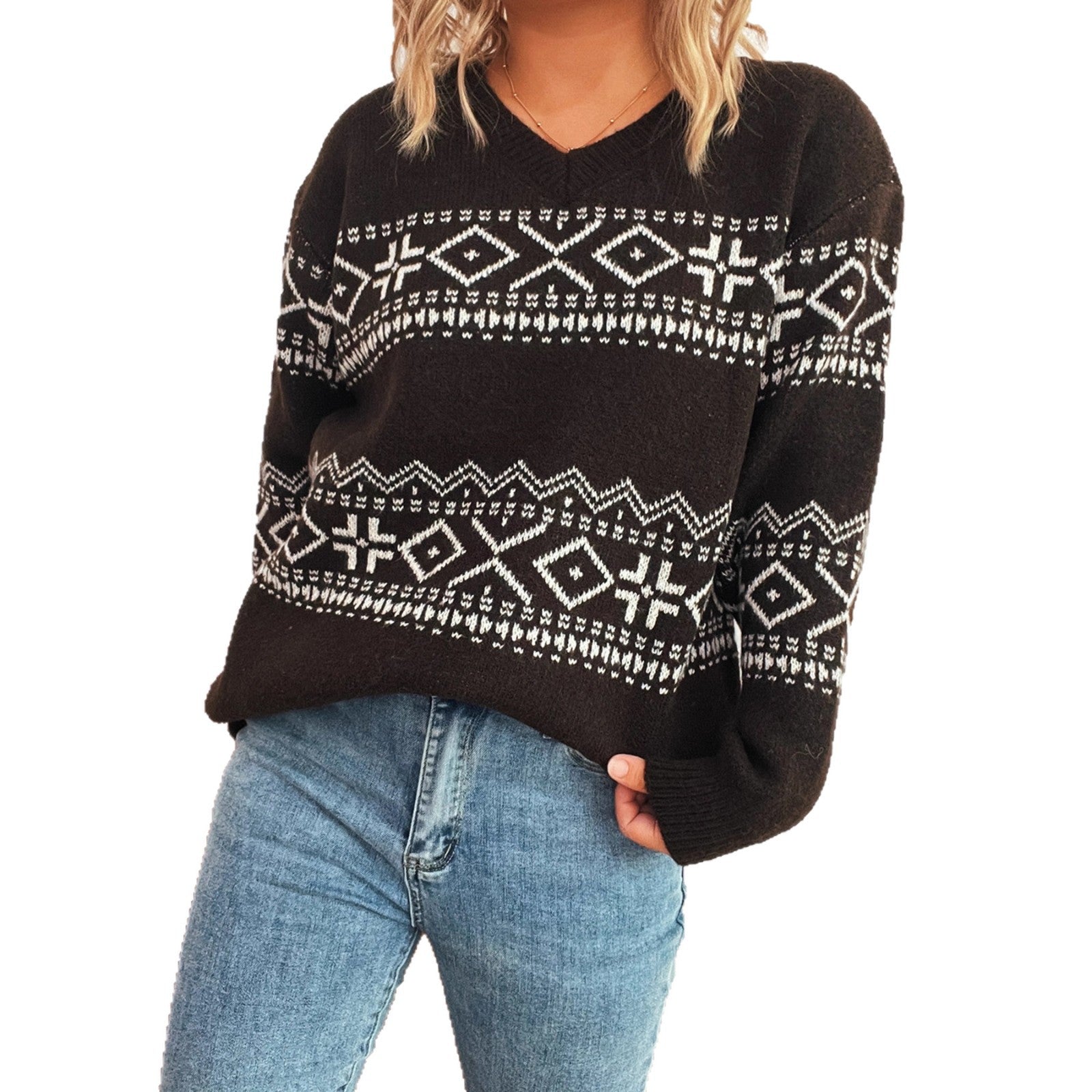Damen gemütlicher Strickpullover mit traditionellem Muster R&B