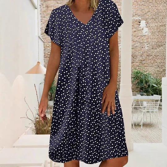 Damen nan locker fallendes V-Ausschnitt-Kurzkleid mit A-Linien-Schnitt, Cap-Ärmeln und Allover-Herzchenprint R&B