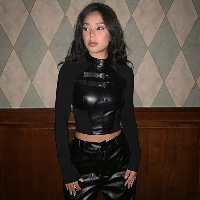 Damen trendiges Kunstledercrop-Top mit verstellbaren Schnallen R&B