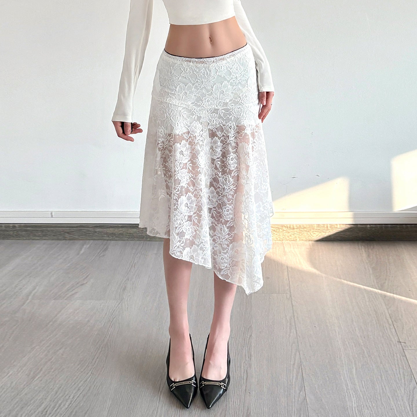 Damen eleganter Spitzenrock mit asymmetrischem Schnitt R&B