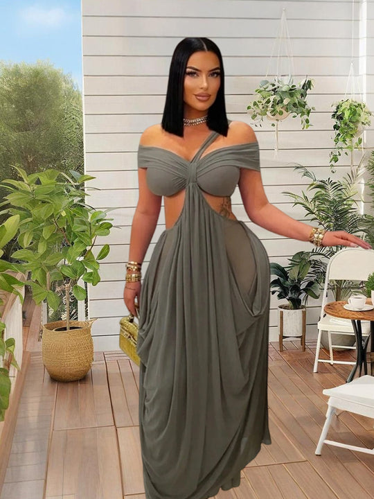 Damen Elegantes Maxikleid mit asymmetrischem Schnitt und schulterfreiem Design R&B
