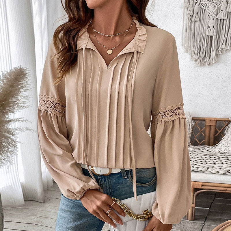 Damen Bluse mit feinen Falten und Spitze R&B
