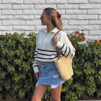 Damen sportlicher Strickpullover mit halbem Reißverschluss und Streifenmuster R&B