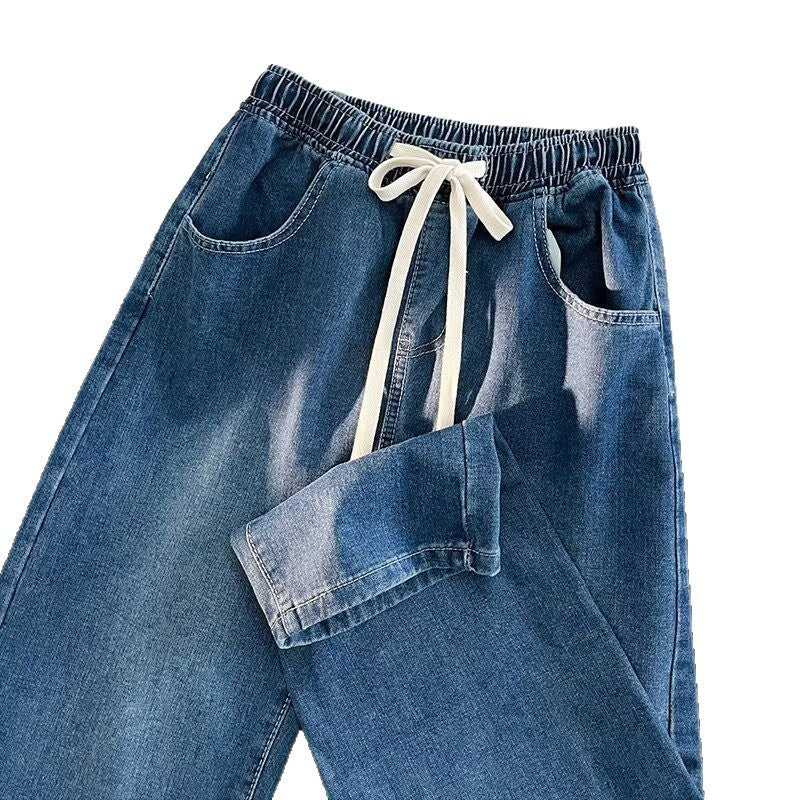 Damen lässige Denim-Hose mit elastischem Bund und praktischen Eingrifftaschen