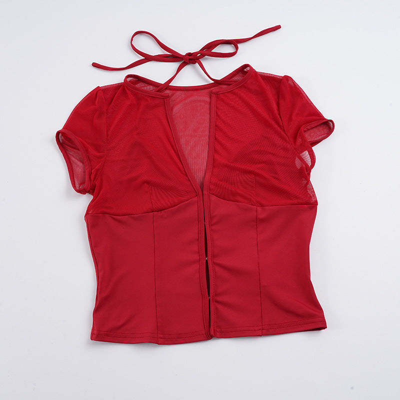 Damen Mesh-Oberteil mit dekorativem BindR&Band R&B