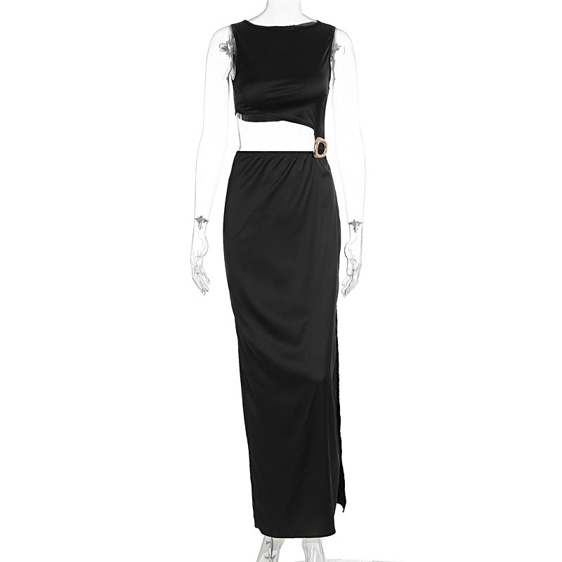 Damen Maxi-Kleid mit asymmetrischem Oberteil und stilvollem Gürtel R&B