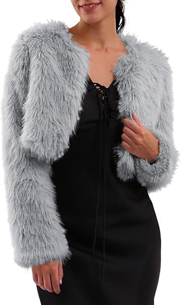 Damen Kurze glamouröse Kunstfelljacke mit lockeren Ärmeln R&B