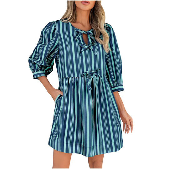 Damen lässiges gestreiftes Sommerkleid mit taillierter Silhouette R&B