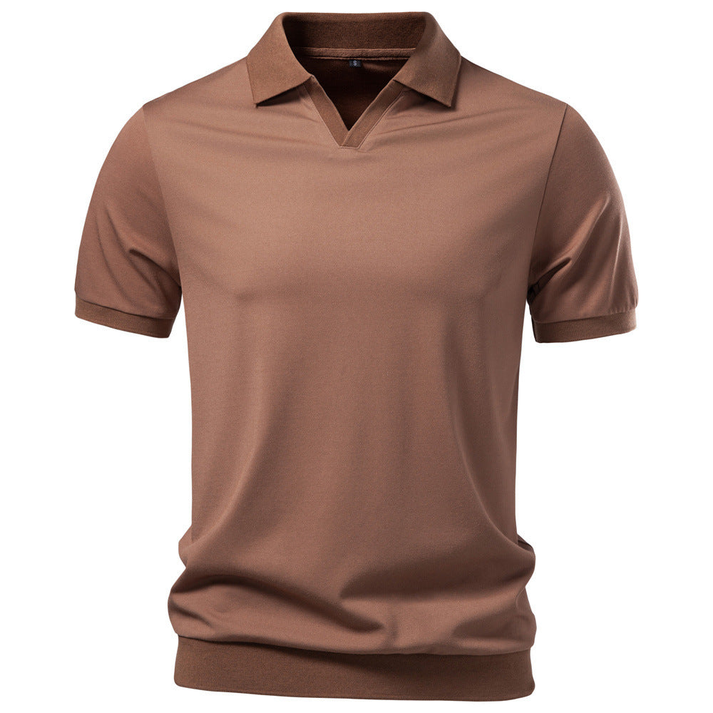 Herren nan feinstrickiges Kurzarm-Poloshirt mit offenem V-Kragen und elastischem Saum R&B