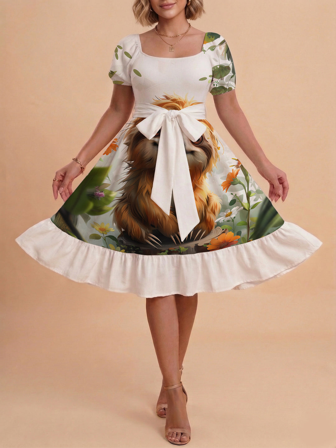 Damen Sommerliches Blumenkleid mit taillierbarem Gürtel und voluminösen Ärmeln R&B