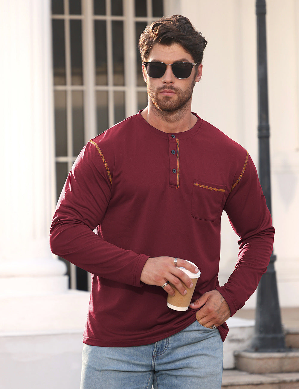 Herren nan Langarmshirt mit kurzer Knopfleiste Brusttasche und kontrastierenden Ziernähten R&B