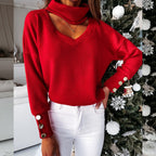 Damen eleganter Pullover mit hochwertigem Halsausschnitt und schicken Druckknöpfen R&B