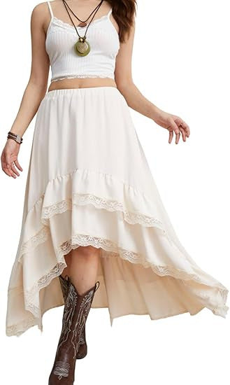Damen Boho Maxi-Rock mit asymmetrischem Saum und Spitzenverzierungen R&B
