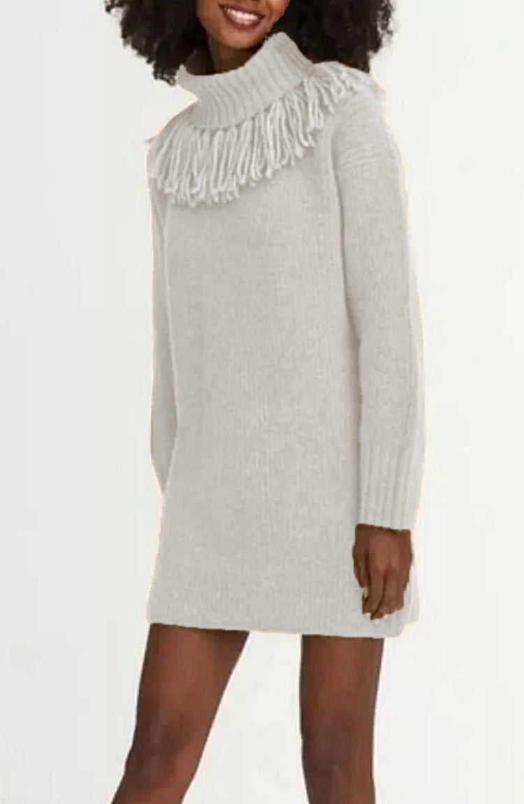 Damen Strickkleid mit hohem Rollkragen und modischen Fransen R&B