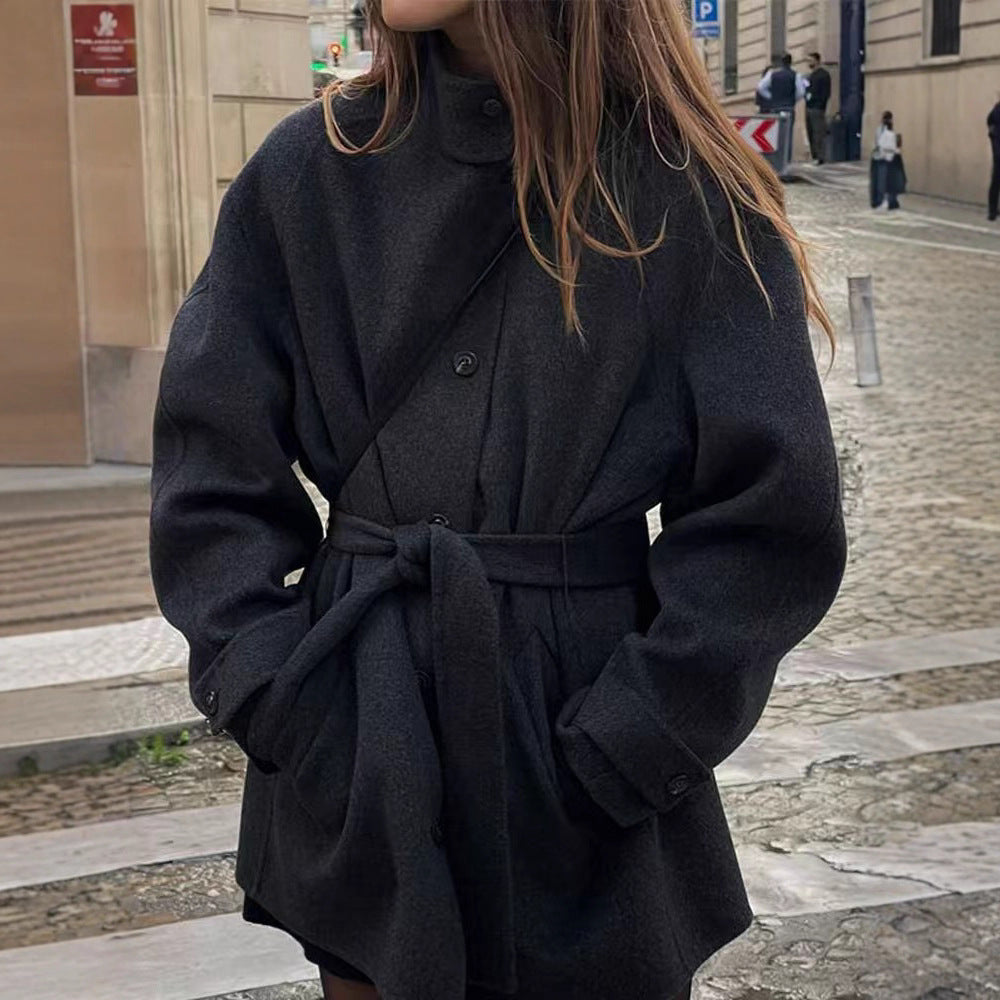 Damen Modische Wolljacke mit taillierbarem Gürtel und steigendem Kragen R&B