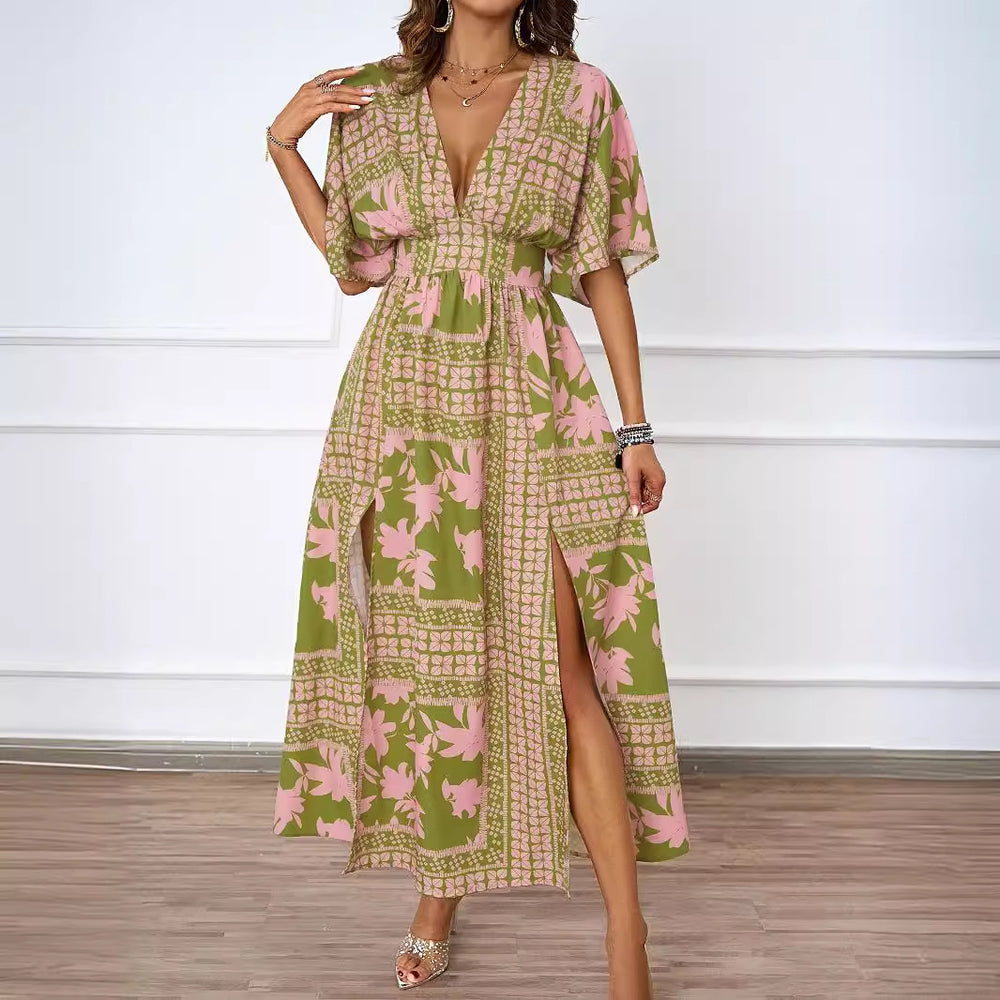 Damen Maxikleid im Boho-Stil mit tiefem V-Ausschnitt und seitlichem Schlitz R&B