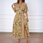 Damen Maxikleid im Boho-Stil mit tiefem V-Ausschnitt und seitlichem Schlitz R&B