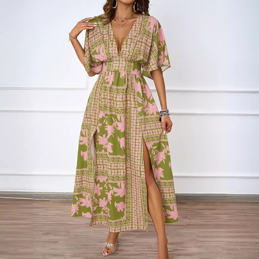 Damen Maxikleid im Boho-Stil mit tiefem V-Ausschnitt und seitlichem Schlitz R&B