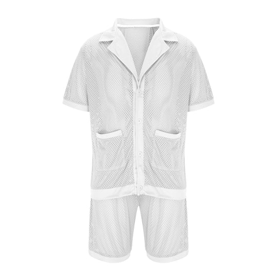 Damen Luftiges Netz-Pyjama-Set mit praktischen Taschen und Knopfleiste R&B