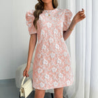Damen nan florales Jacquard-Minikleid mit gestuften Puffärmeln R&B