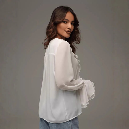 Damen leichtes Chiffon-Blusenshirt mit Rüschen und Kordelzug R&B