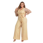 Damen Jumpsuit mit funkelnden Verzierungen und transparenten Ärmeln R&B
