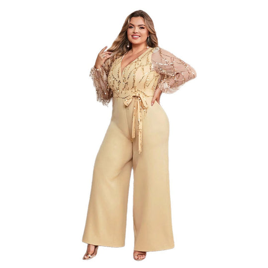 Damen Jumpsuit mit funkelnden Verzierungen und transparenten Ärmeln R&B
